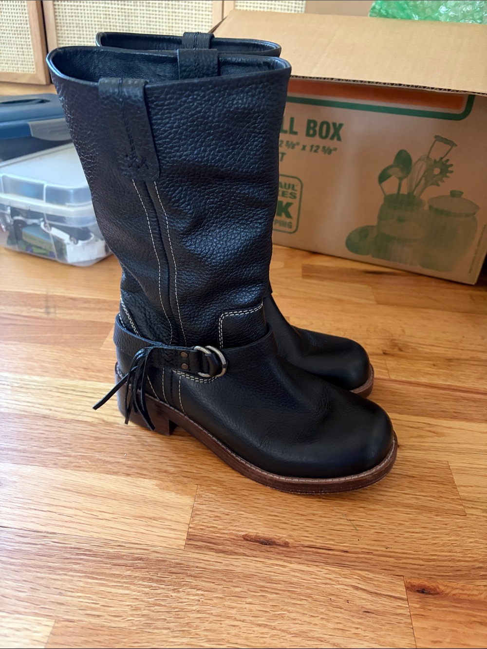 Free People Black Leather Mid-Calf Women's Harness Boots - 7